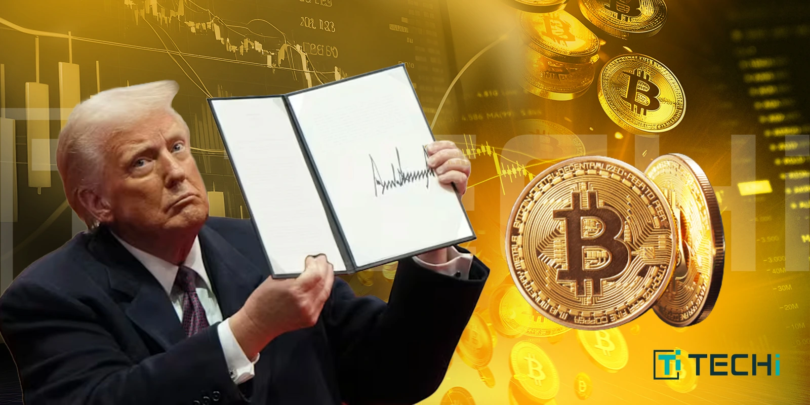Donald Trump holding a signed document with Bitcoin coins and financial charts in the background.