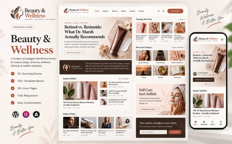 Beauty and wellness blog WordPress theme for skincare, self-care, beauty tips, healthy living and lifestyle publishing