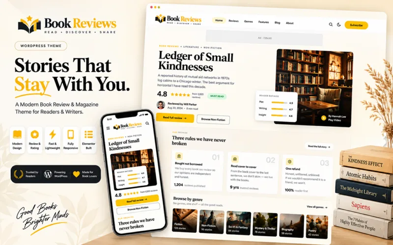 Book Review WordPress Theme for book reviews, ratings, reading recommendations, author content and literary blogging