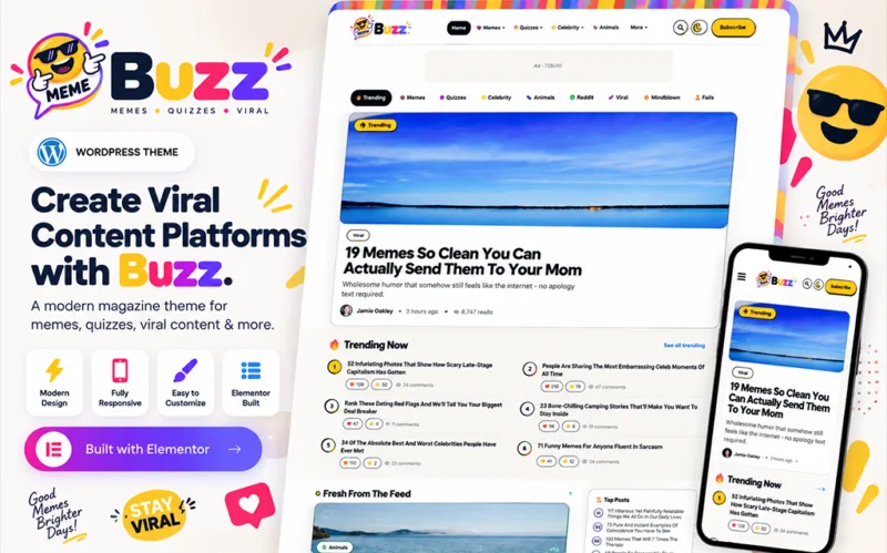 BuzzMeme viral blog and magazine WordPress theme for memes, quizzes, trending stories and entertainment content