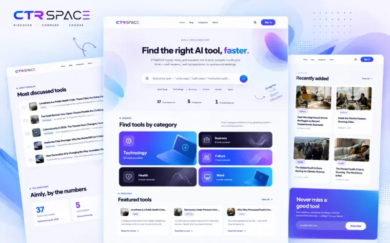 CTRSpace AI tools directory WordPress theme with category browsing, featured tools, popular tools, recent additions and editorial review sections