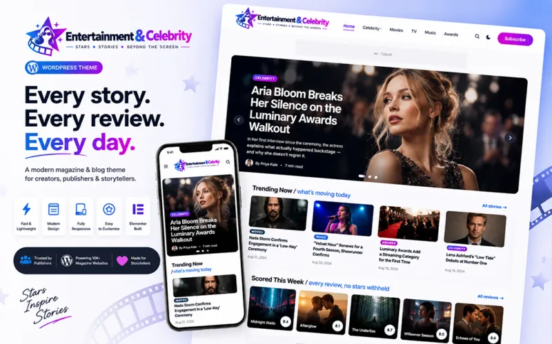 Entertainment and celebrity WordPress theme for celebrity news, movies, TV, music, awards and pop culture blogging