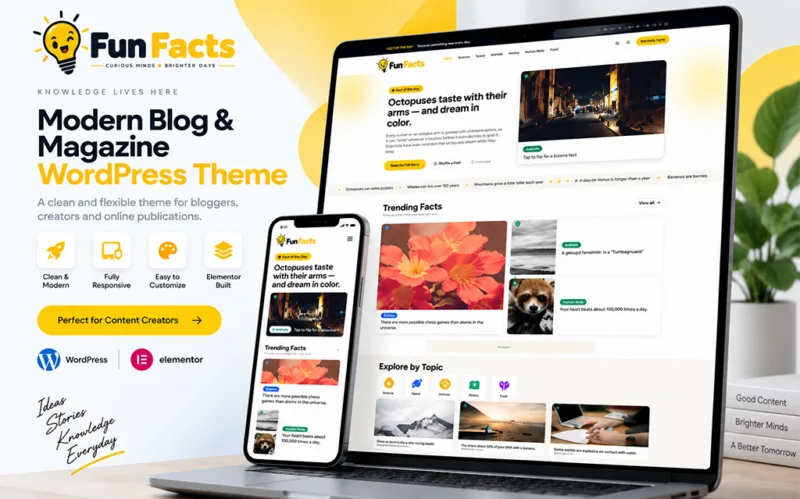 Fun Facts Blog WordPress Theme for trivia, interesting facts, did-you-know stories and general knowledge publishing