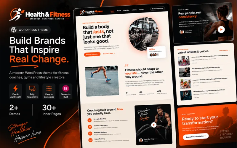 Health and Fitness Blog WordPress Theme for workouts, healthy living, wellness, recovery and fitness-focused editorial publishing