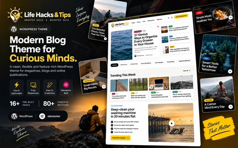 Life Hacks Blog WordPress Theme for practical tips, how-to guides, productivity, home hacks and everyday advice