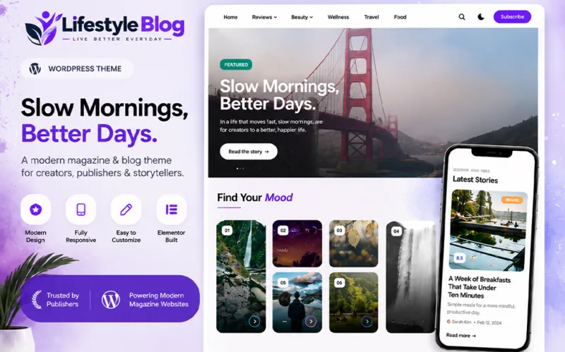 Modern lifestyle blog and magazine WordPress theme for wellness, travel, beauty, food and personal stories