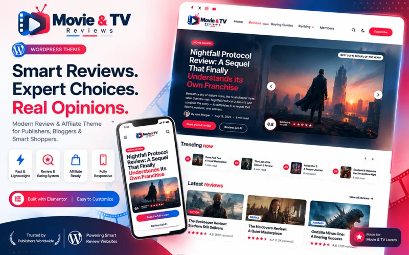 Movie and TV review WordPress blogging theme for film reviews, ratings, entertainment news and editorial publishing