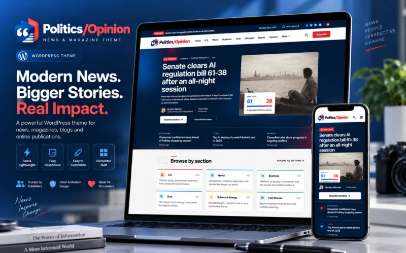 Political Blog WordPress Theme for political news, election coverage, policy analysis, public affairs and opinion publishing