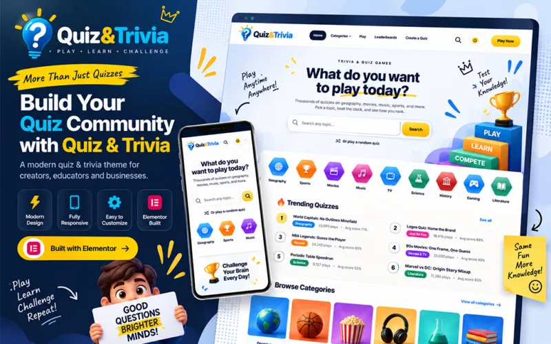 Quiz and trivia WordPress theme for knowledge quizzes, entertainment content, educational trivia and interactive-style blogging