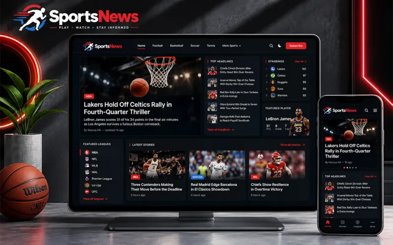 Sports News WordPress Theme for match coverage, team news, player updates, analysis and sports magazine publishing